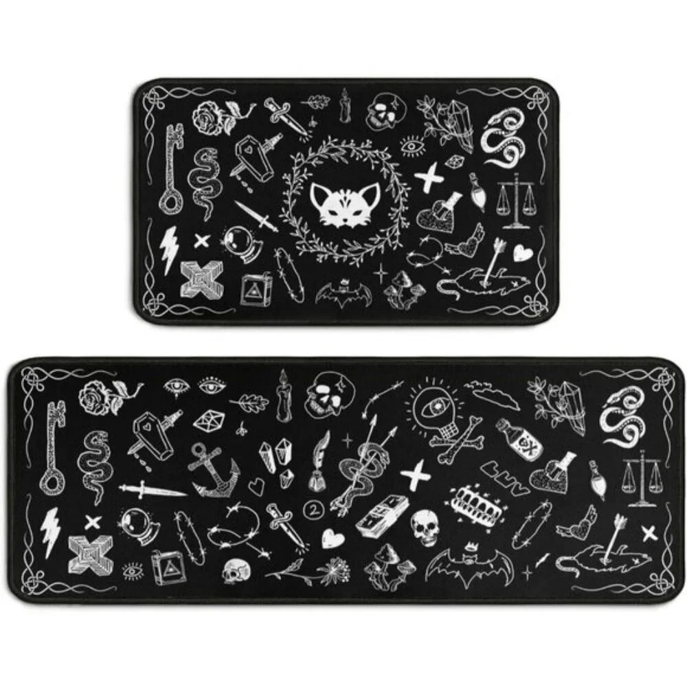 New Set of 2 Black Kitchen Mat with Rubber Backing, Non-Slip, Washable Rugs Set